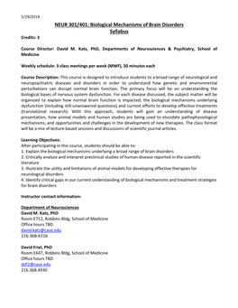 Biological Mechanisms of Brain Disorders Syllabus Credits: 3