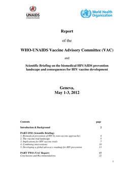 Report of the WHO-UNAIDS Vaccine Advisory Committee (VAC) Geneva, May 1-3, 2012