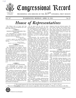 Congressional Record United States Th of America PROCEEDINGS and DEBATES of the 117 CONGRESS, FIRST SESSION