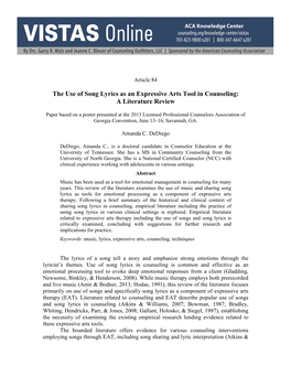 The Use of Song Lyrics As an Expressive Arts Tool in Counseling: a Literature Review