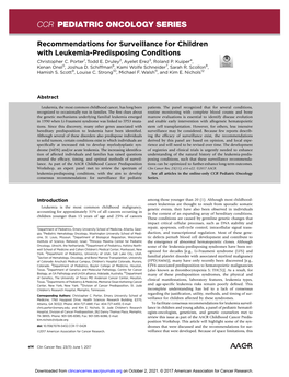 CCR PEDIATRIC ONCOLOGY SERIES CCR Pediatric Oncology Series Recommendations for Surveillance for Children with Leukemia-Predisposing Conditions Christopher C