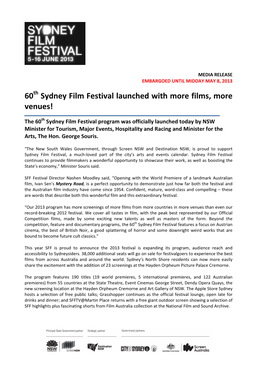 60Th Sydney Film Festival Launched with More Films, More Venues!