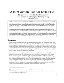 A Joint Action Plan for Lake Erie a Report of the Great Lakes Commission Lake Erie Nutrient Targets Working Group September, 2015