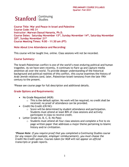 War and Peace in Israel and Palestine Course Code: HIS 31 Instructor: Marwan Daoud Hanania, Ph.D