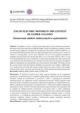USE of ELECTRIC MOTORS in the CONTEXT of GLIDER AVIATION Zastosowanie Silników Elektrycznych W Szybownictwie