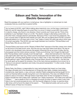 Edison and Tesla: Innovation of the Electric Generator Read This Passage with Your Partner Or Small Group