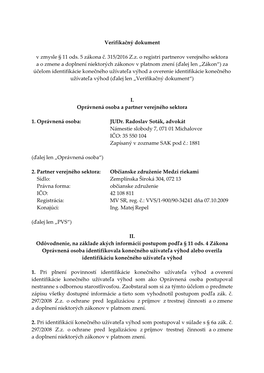 Verifikačný Dokument V Zmysle § 11 Ods. 5 Zákona Č. 315/2016 Z.Z. O