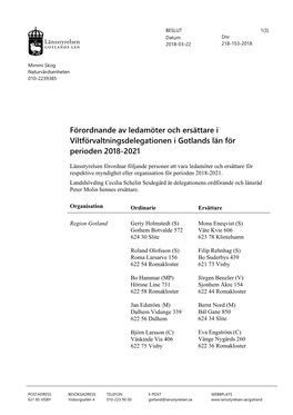 Viltförvaltningsdelegationen I Gotlands Län För Perioden 2018-2021