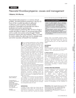 Neonatal Thrombocytopenia: Causes and Management I Roberts, N a Murray