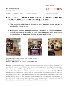 Christie's to Offer the Private Collection of the Hon