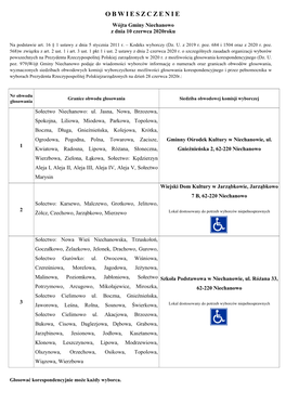 OBWIESZCZENIE Wójta Gminy Niechanowo Z Dnia 10 Czerwca 2020Roku