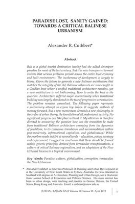 TOWARDS a CRITICAL BALINESE URBANISM Alexander R. Cuthbert