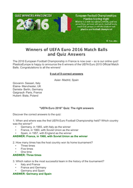 Winners of UEFA Euro 2016 Match Balls and Quiz Answers