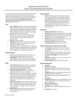 Appalachian Mountain Club Winter Day-Hiking Equipment Checklist