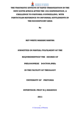 The Traumatic Effects of Rapid Urbanization in the New South Africa After the 1994 Dispensation, a Challenge to Pastoral Counsel