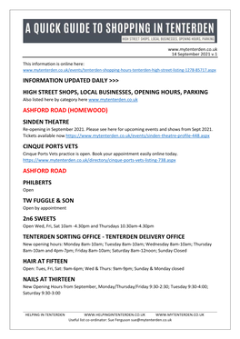 HELPING in TENTERDEN Useful List Co-Ordinator: Sue Ferguson Sue@Mytenterden.Co.Uk