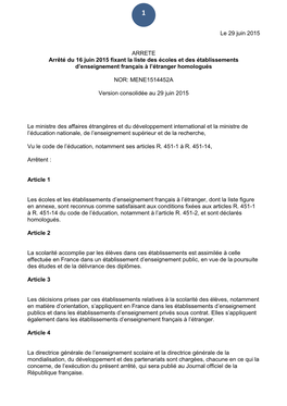 Le 29 Juin 2015 ARRETE Arrêté Du 16 Juin 2015 Fixant La Liste Des Écoles