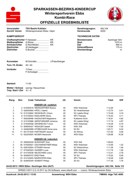 SPARKASSEN-BEZIRKS-KINDERCUP Wintersportverein Ebbs Kombi-Race OFFIZIELLE ERGEBNISLISTE