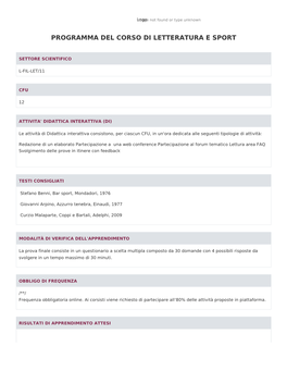 Programma Del Corso Di Letteratura E Sport