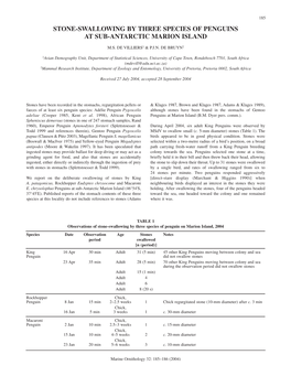 Stone-Swallowing by Three Species of Penguins at Sub-Antarctic Marion Island