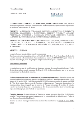 Conseil Municipal Procès-Verbal Séance Du 7 Mars 2018 L'an DEUX MILLE DIX HUIT, LE SEPT MARS, À VINGT HEURES TRENTE, Le