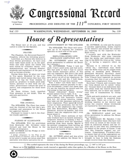 Congressional Record United States Th of America PROCEEDINGS and DEBATES of the 111 CONGRESS, FIRST SESSION