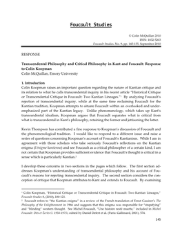 RESPONSE Transcendental Philosophy and Critical Philosophy