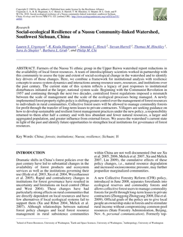 Social-Ecological Resilience of a Nuosu Community-Linked Watershed, Southwest Sichuan, China