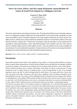 Stress: Its Causes, Effects, and the Coping Mechanisms Among Bachelor of Science in Social Work Students in a Philippine University