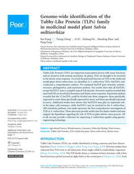 Genome-Wide Identification of the Tubby-Like Protein (Tlps) Family in Medicinal Model Plant Salvia Miltiorrhiza