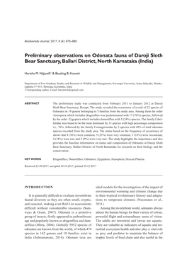 Preliminary Observations on Odonata Fauna of Daroji Sloth Bear Sanctuary, Ballari District, North Karnataka (India)