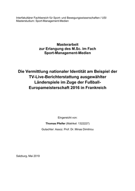 Die Vermittlung Nationaler Identität Am Beispiel Der TV-Live-Berichterstattung Ausgewählter Länderspiele Im Zuge Der Fußball- Europameisterschaft 2016 in Frankreich