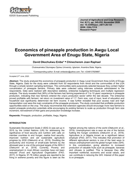 Economics of Pineapple Production in Awgu Local Government Area of Enugu State, Nigeria