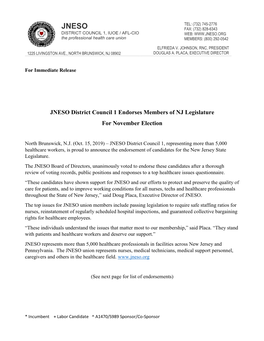 JNESO District Council 1 Endorses Members of NJ Legislature for November Election