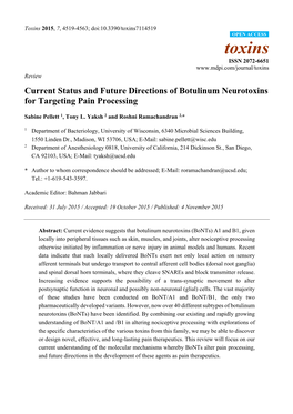 Current Status and Future Directions of Botulinum Neurotoxins for Targeting Pain Processing