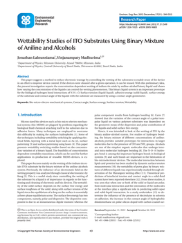 Wettability Studies of ITO Substrates Using Binary Mixture of Aniline and Alcohols