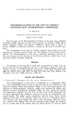 Thermoregulation in the Nest of Formica Pratensis Retz