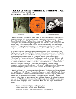 “Sounds of Silence”--Simon and Garfunkel (1966) Added to the National Registry: 2012 Essay by Daniel Levitin (Guest Post)*