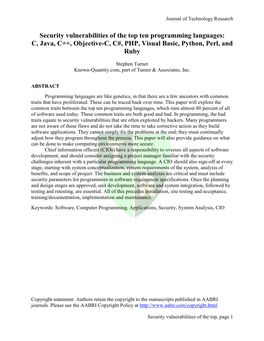 Security Vulnerabilities of the Top Ten Programming Languages: C, Java, C++, Objective-C, C#, PHP, Visual Basic, Python, Perl, and Ruby