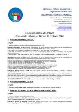 Comunicato Ufficiale N° 122 Del 06 Febbraio 2020 1