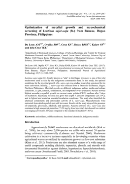 Optimization of Mycelial Growth and Mycochemical Screening of Lentinus Sajor-Caju (Fr.) from Banaue, Ifugao Province, Philippines