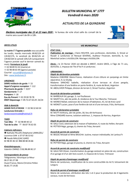 BULLETIN MUNICIPAL N° 1777 Vendredi 6 Mars 2020