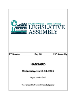 2Nd Session Day 68 19Th Assembly HANSARD Wednesday, March 10