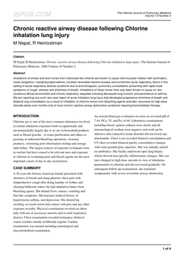 Chronic Reactive Airway Disease Following Chlorine Inhalation Lung Injury M Nepal, R Heintzelman