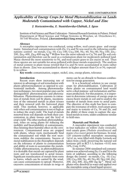 Applicability of Energy Crops for Metal Phytostabilization on Lands Moderately Contaminated with Copper, Nickel and Zinc J