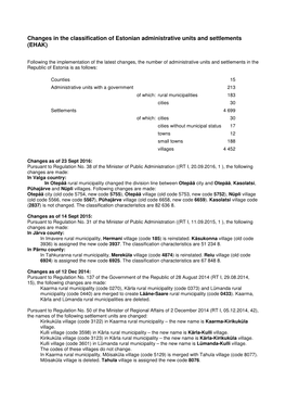 Changes in the Classification of Estonian Administrative Units and Settlements (EHAK)