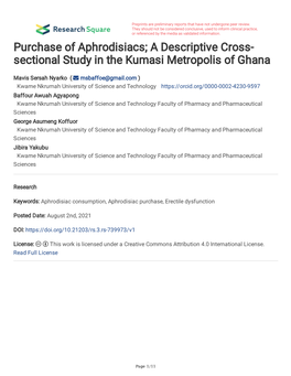 Purchase of Aphrodisiacs; a Descriptive Cross- Sectional Study in the Kumasi Metropolis of Ghana
