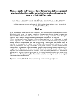 Maniace Castle in Syracuse, Italy: Comparison Between Present Structural Situation and Hypothetical Original Configuration by Means of Full 3D FE Models