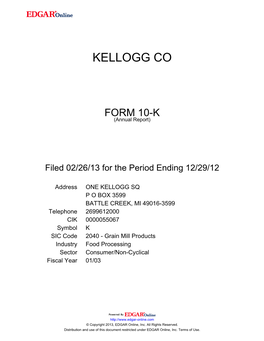 Kellogg Company (Exact Name of Registrant As Specified in Its Charter)