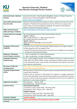 Kasetsart University, Thailand Fact Sheet for Exchange Partner Student